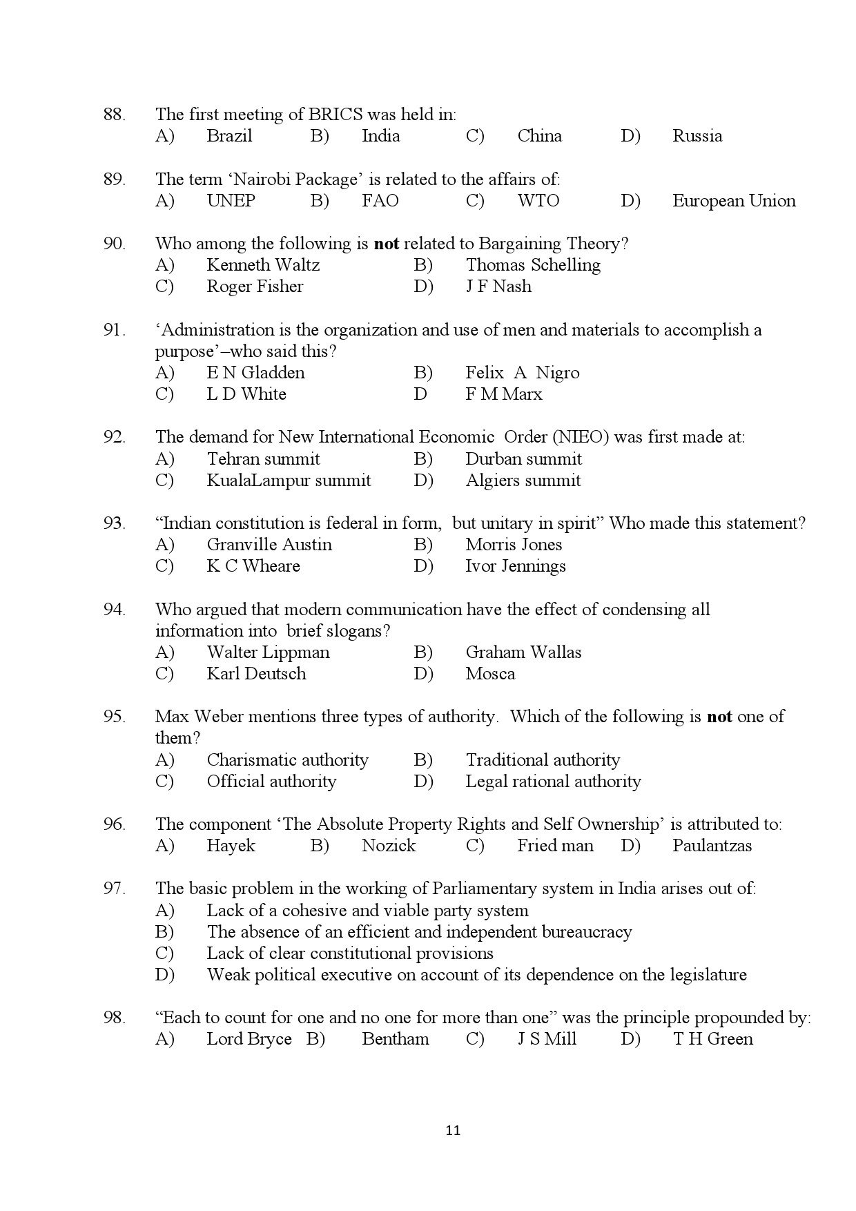 Kerala SET Political Science Exam Question Paper January 2024 11