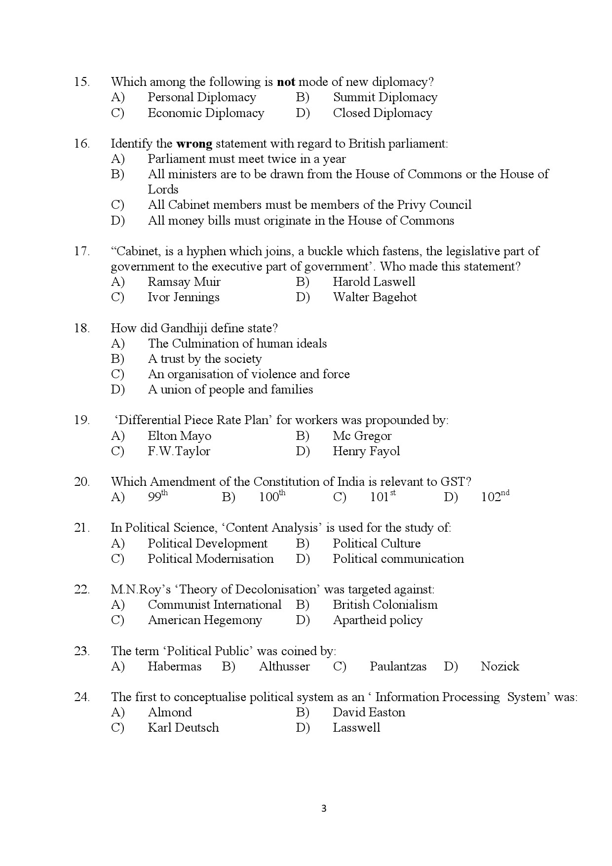 Kerala SET Political Science Exam Question Paper January 2024 3