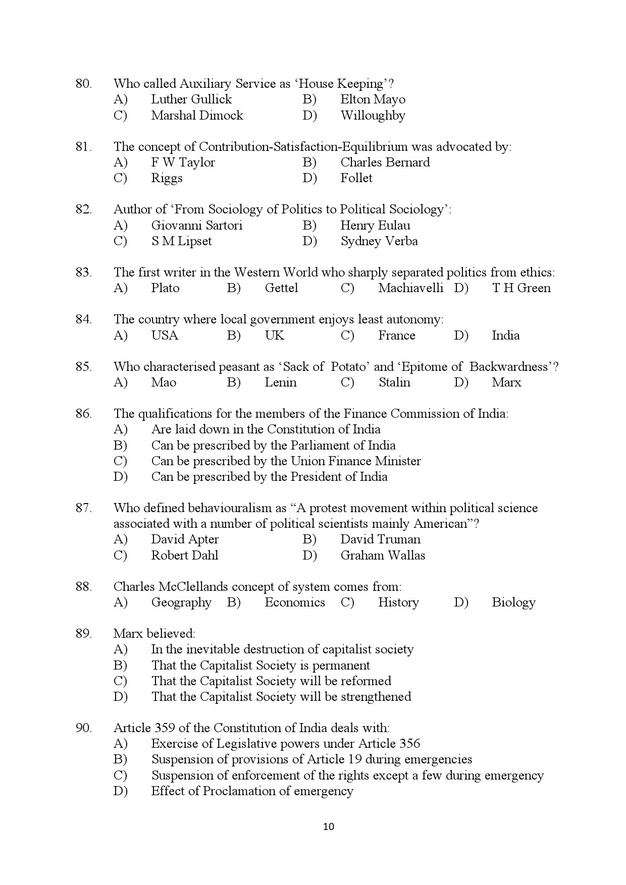 Kerala SET Political Science Exam Question Paper July 2024 10