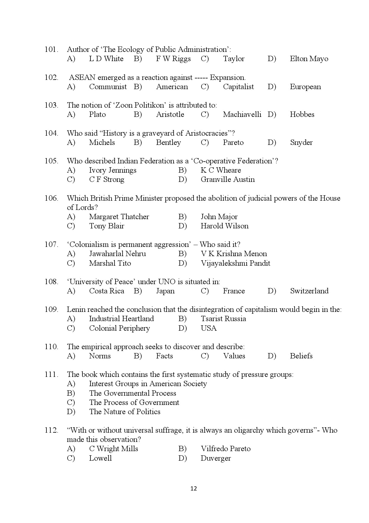 Kerala SET Political Science Exam Question Paper July 2024 12