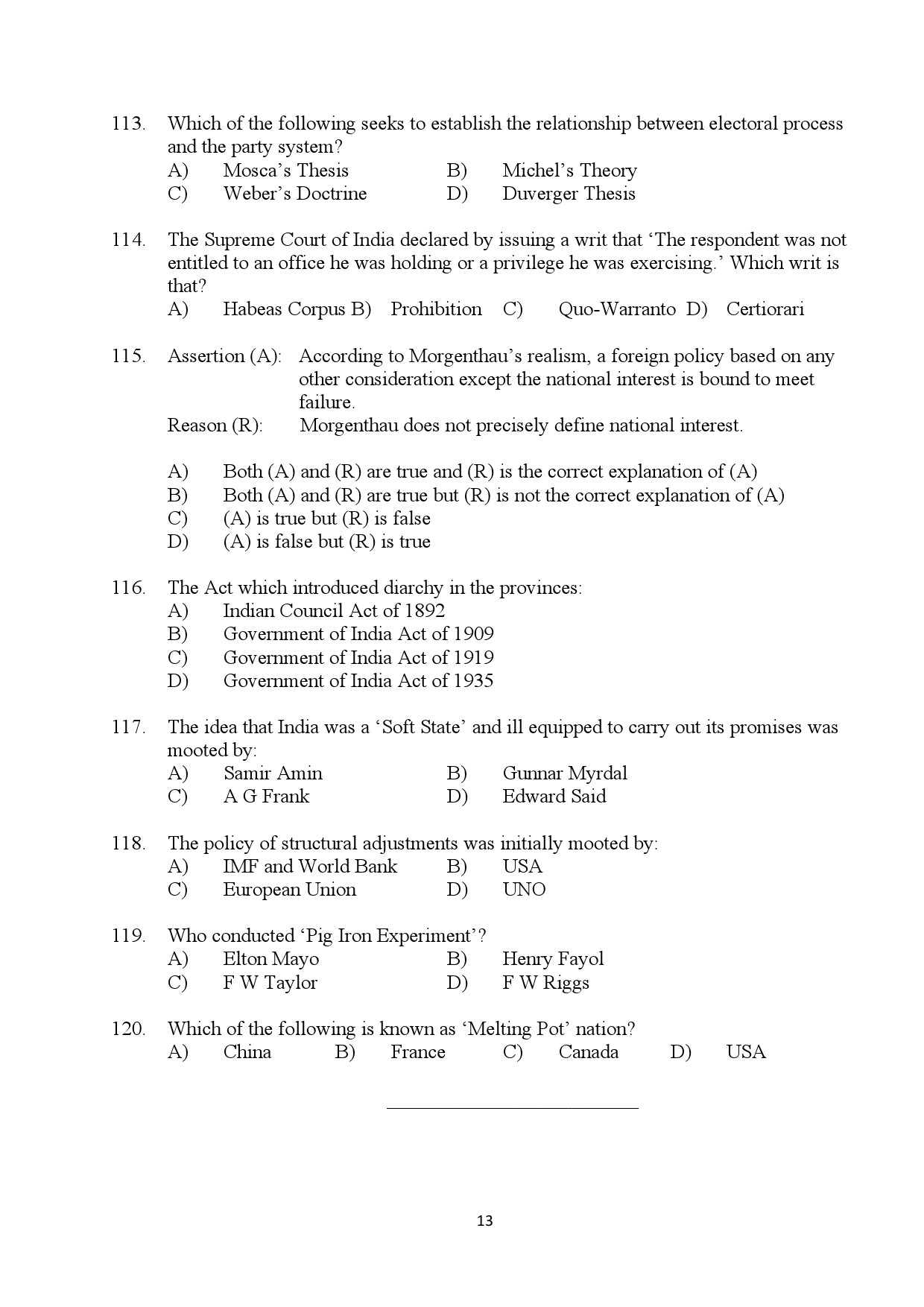 Kerala SET Political Science Exam Question Paper July 2024 13