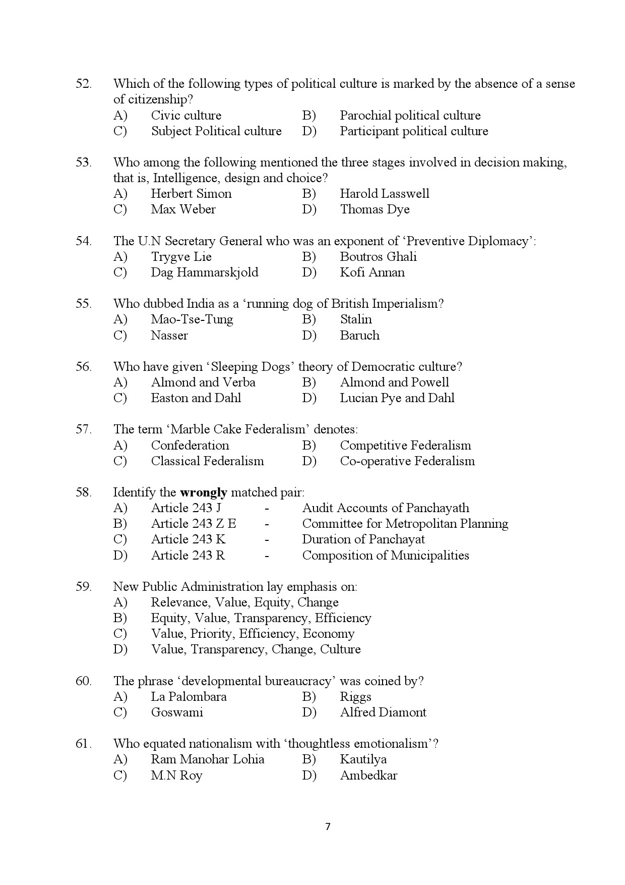 Kerala SET Political Science Exam Question Paper July 2024 7