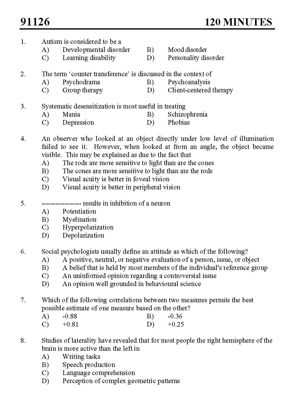 Kerala SET Psychology Exam 2011 Question Code 91126 1