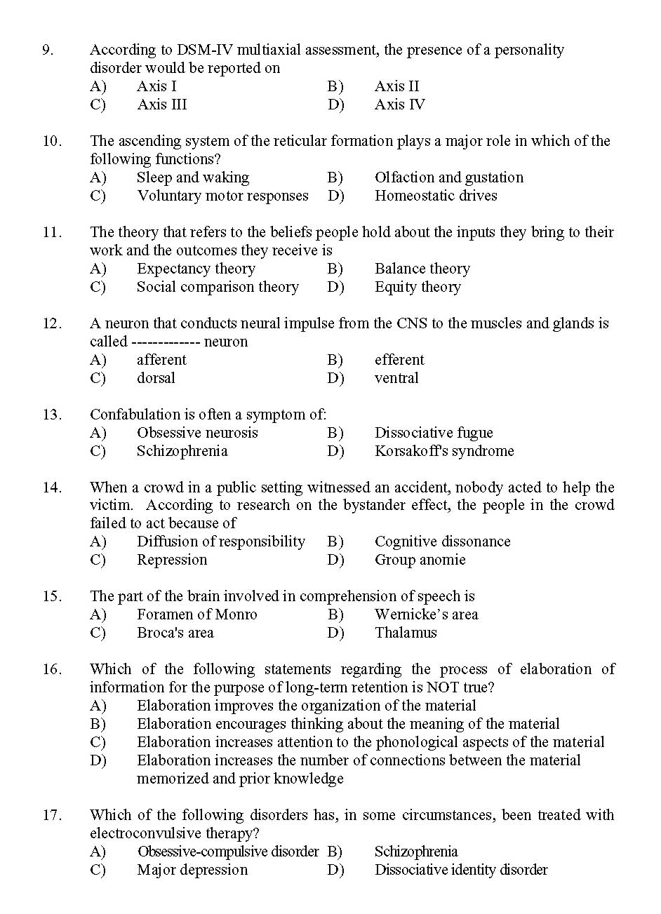 Kerala SET Psychology Exam 2011 Question Code 91126 2