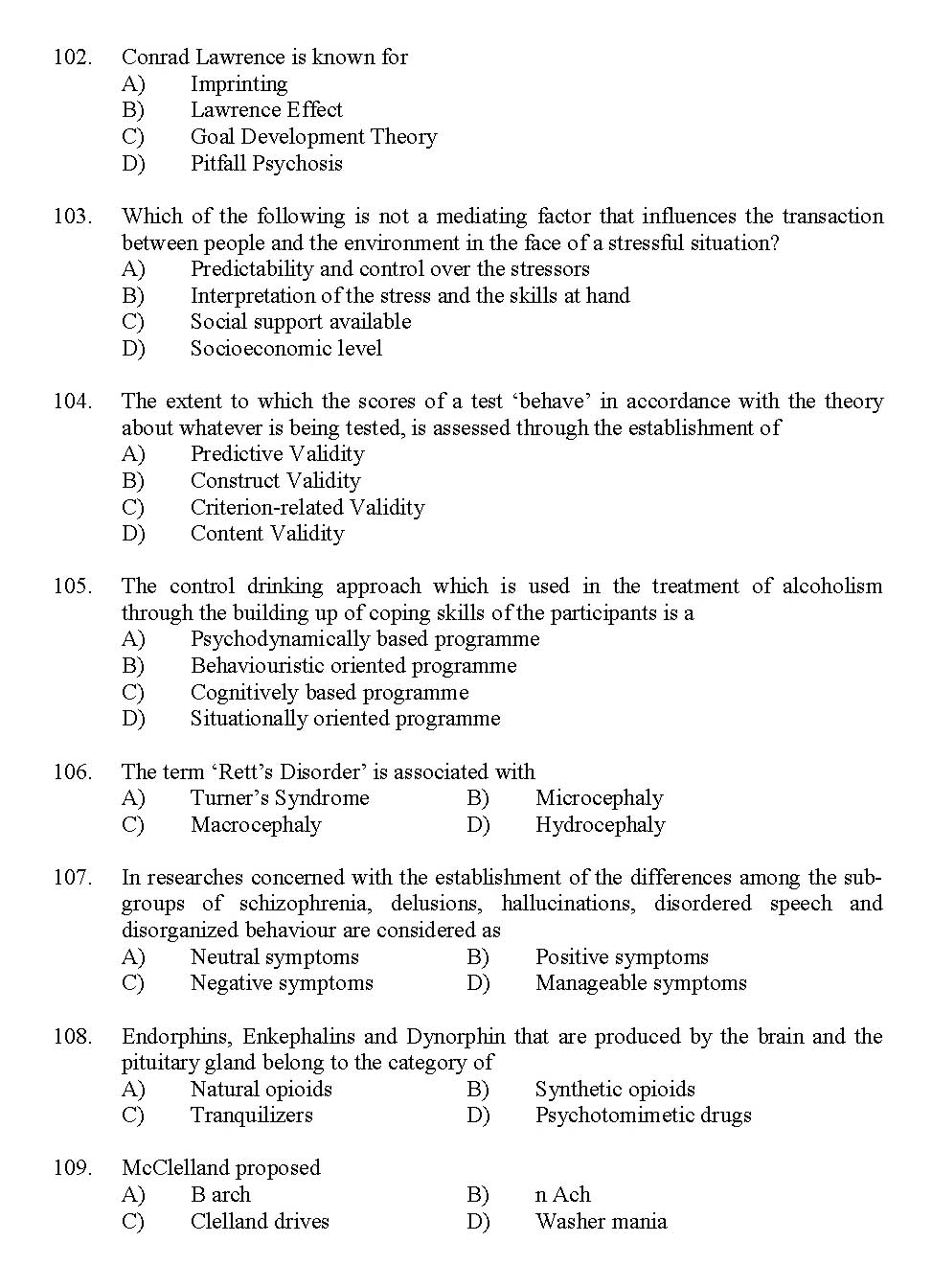 Kerala SET Psychology Exam 2012 Question Code 12926 12
