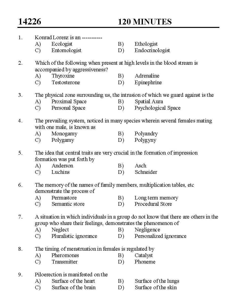 Kerala SET Psychology Exam 2014 Question Code 14226 1