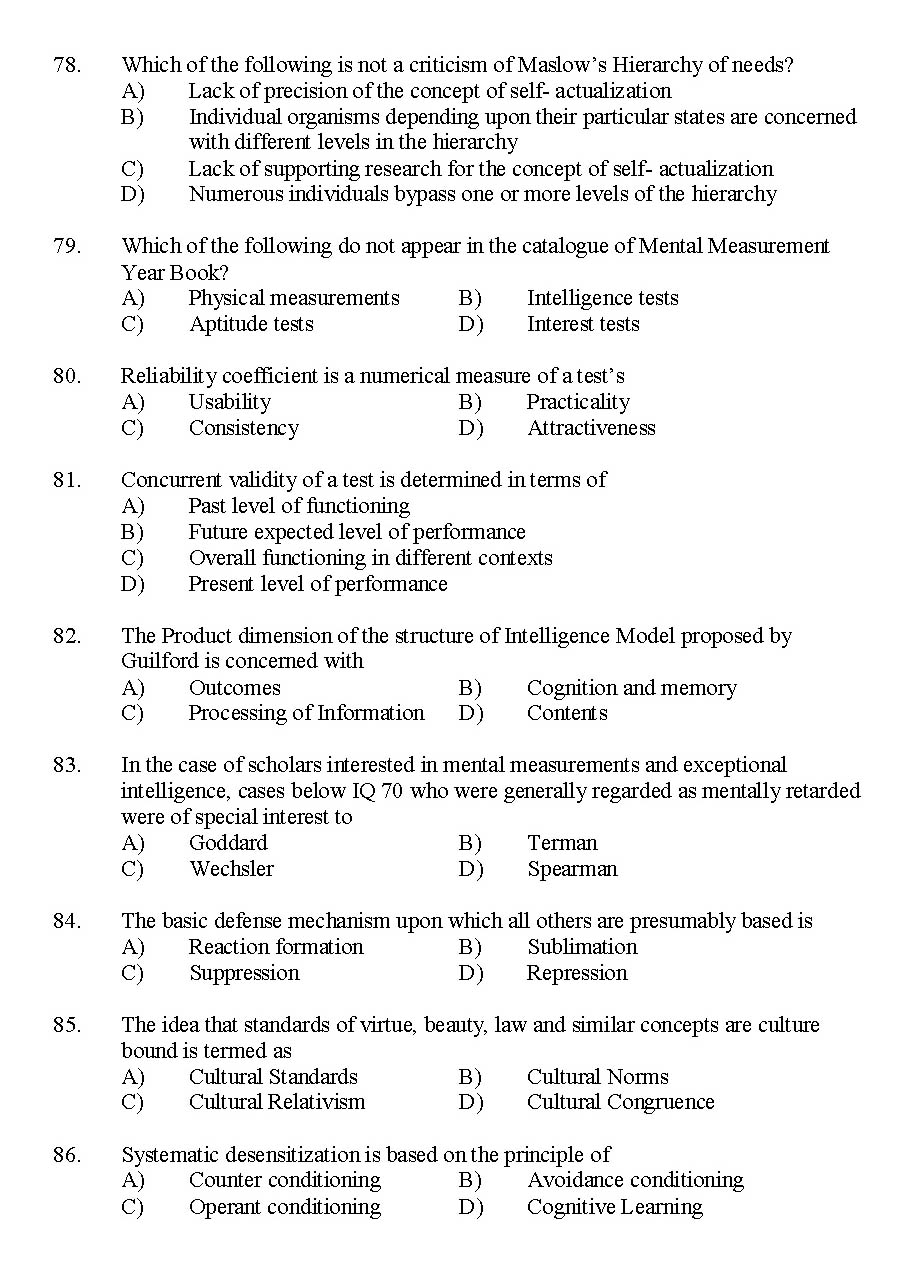 Kerala SET Psychology Exam 2014 Question Code 14226 10
