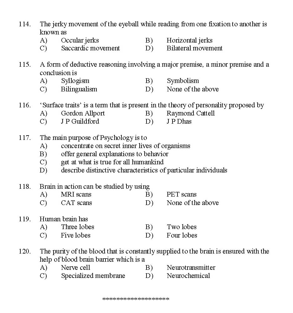 Kerala SET Psychology Exam 2014 Question Code 14226 14