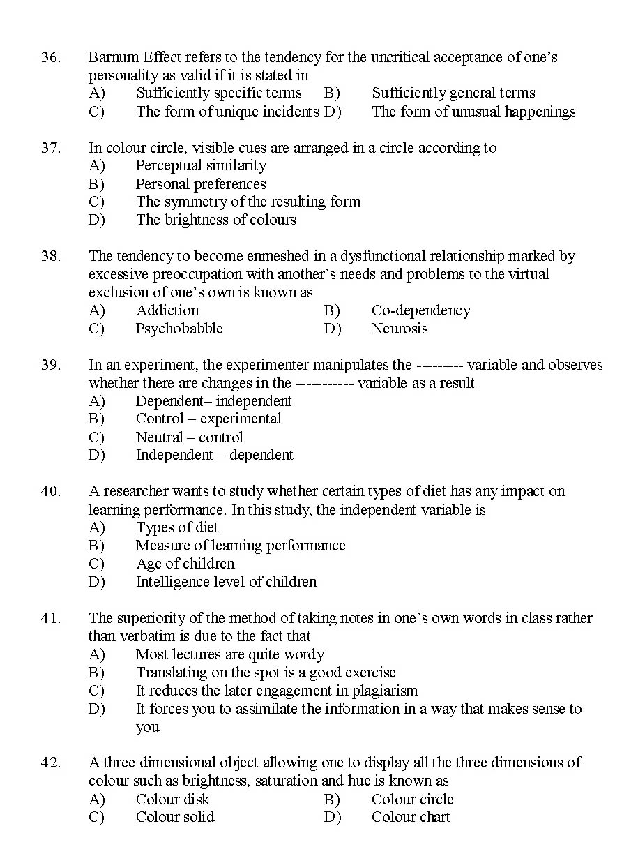 Kerala SET Psychology Exam 2014 Question Code 14226 5