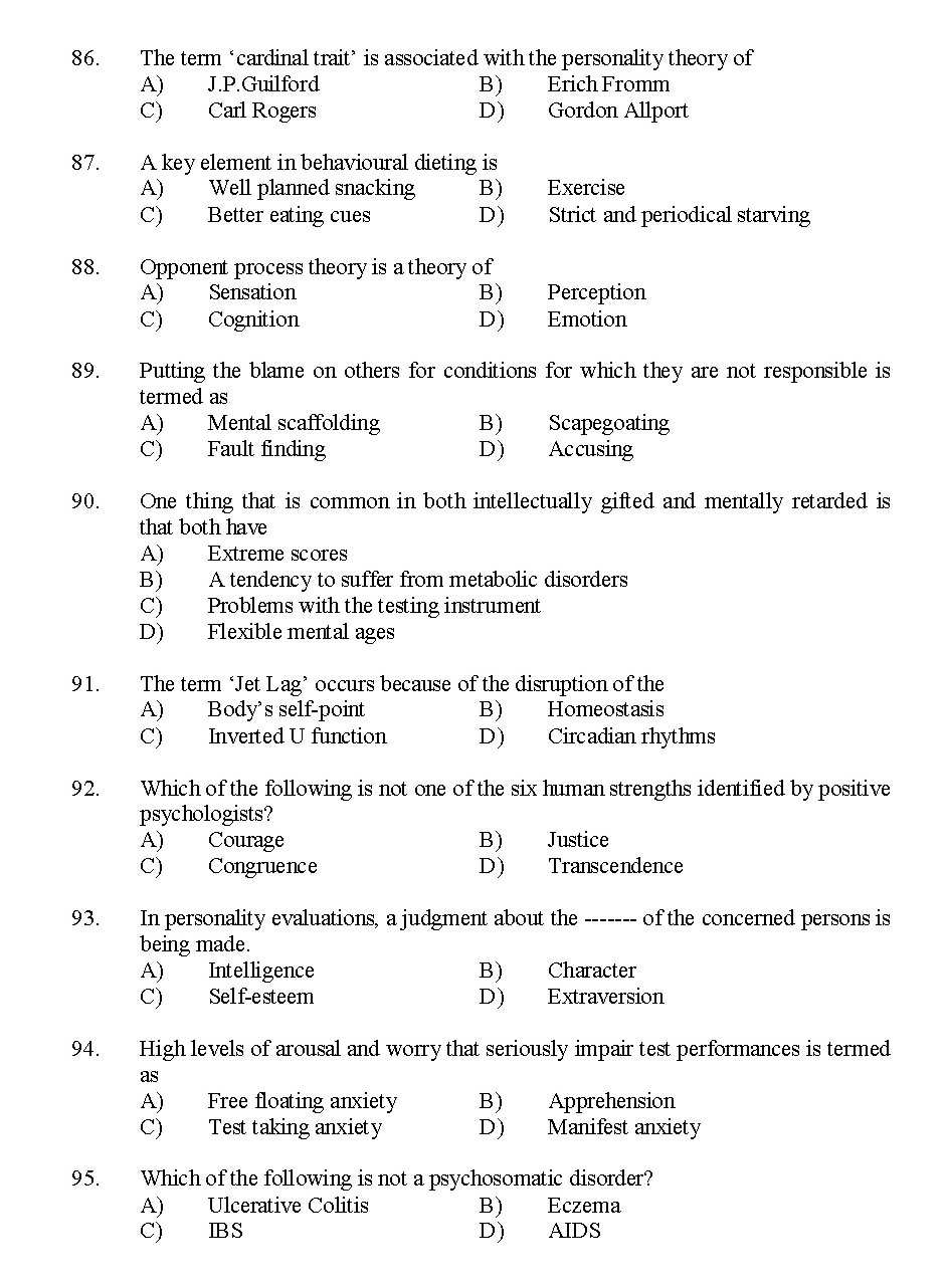 Kerala SET Psychology Exam 2015 Question Code 15626 10