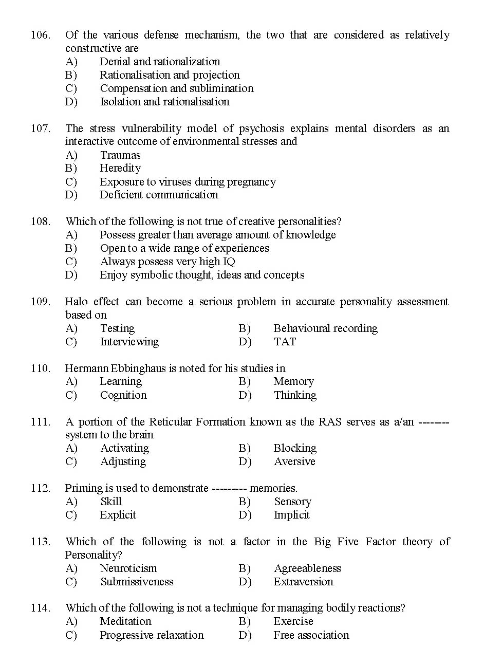 Kerala SET Psychology Exam 2015 Question Code 15626 12