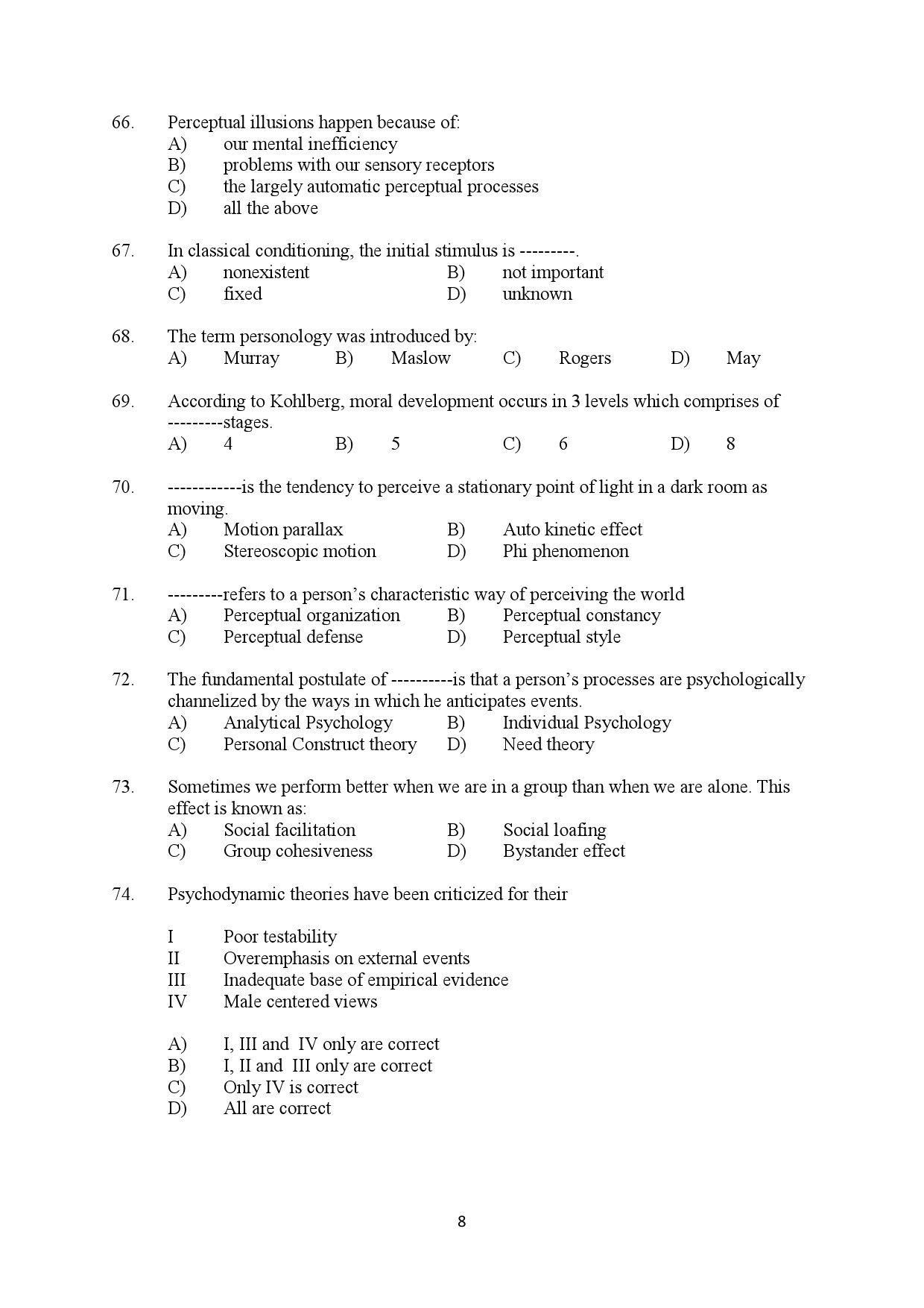Kerala SET Psychology Exam Question Paper February 2020 8