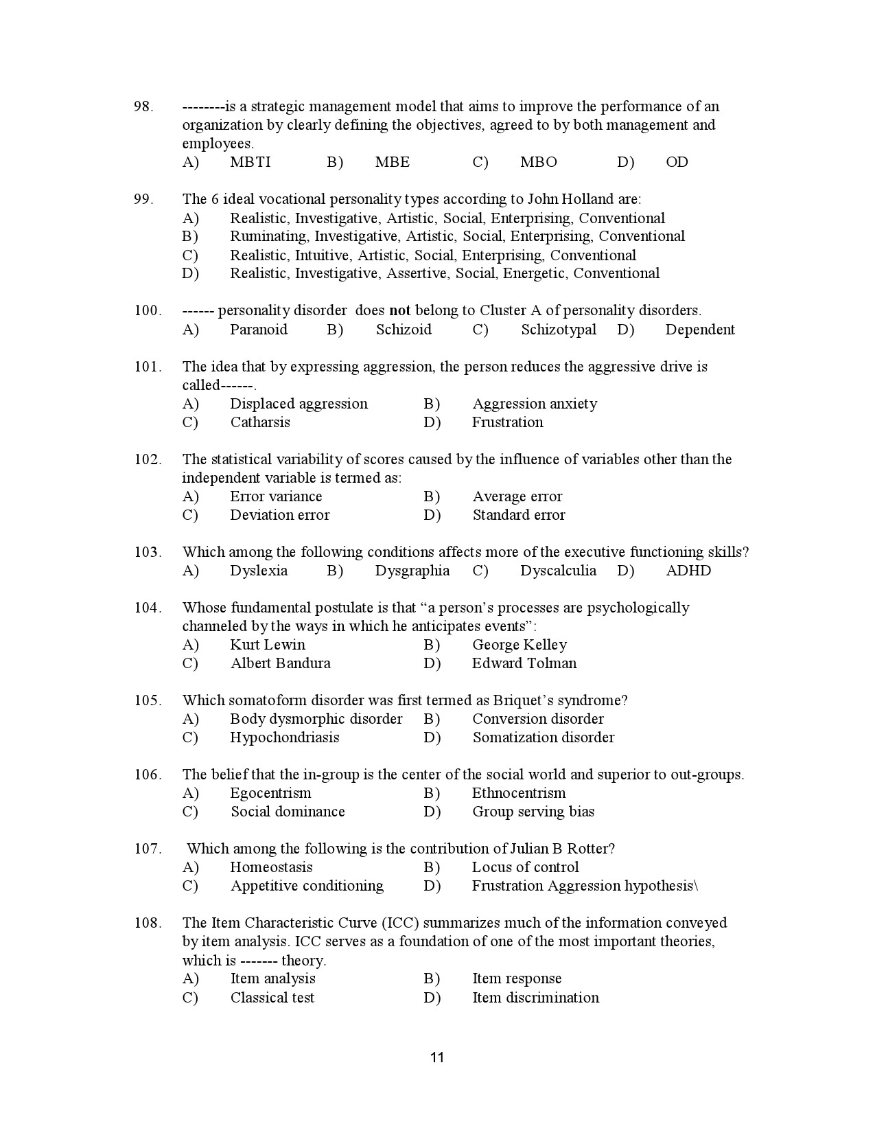 Kerala SET Psychology Exam Question Paper January 2023 11