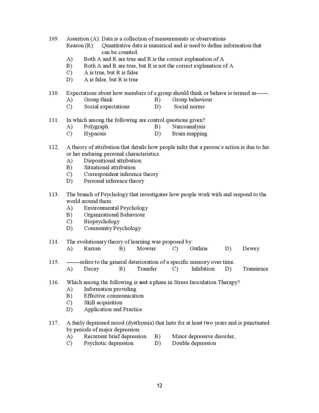 Kerala SET Psychology Exam Question Paper January 2023 12