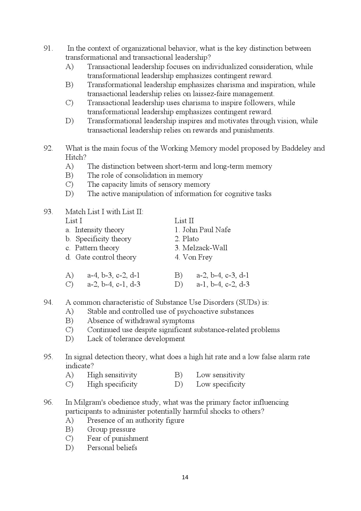 Kerala SET Psychology Exam Question Paper January 2024 14