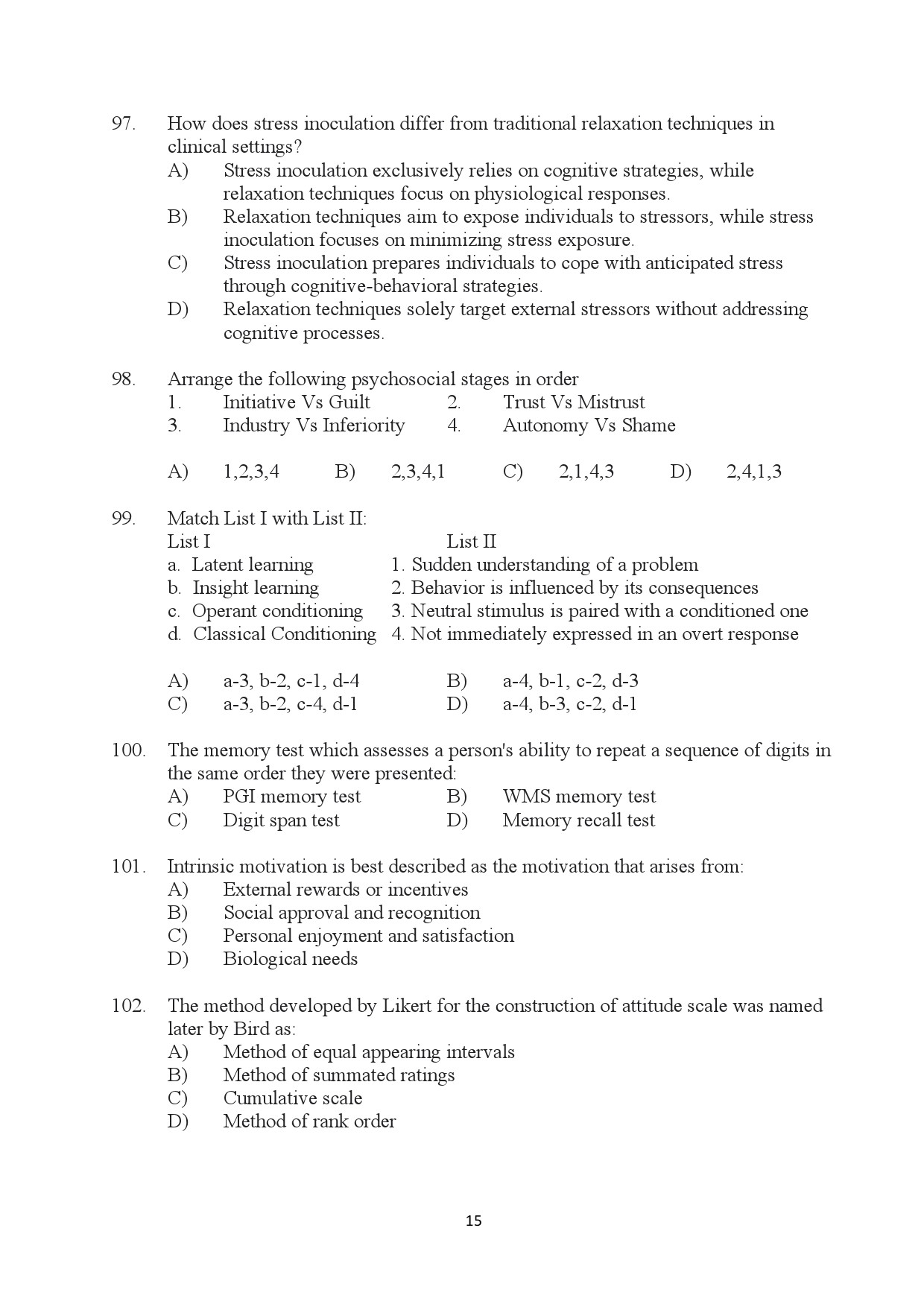 Kerala SET Psychology Exam Question Paper January 2024 15