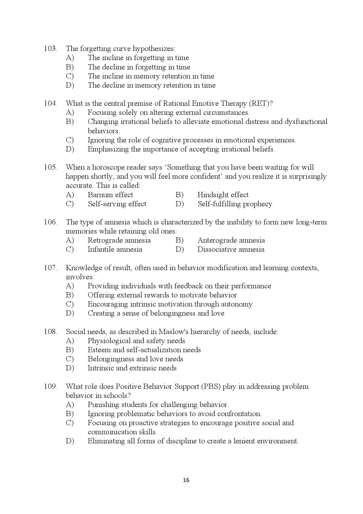 Kerala SET Psychology Exam Question Paper January 2024 16