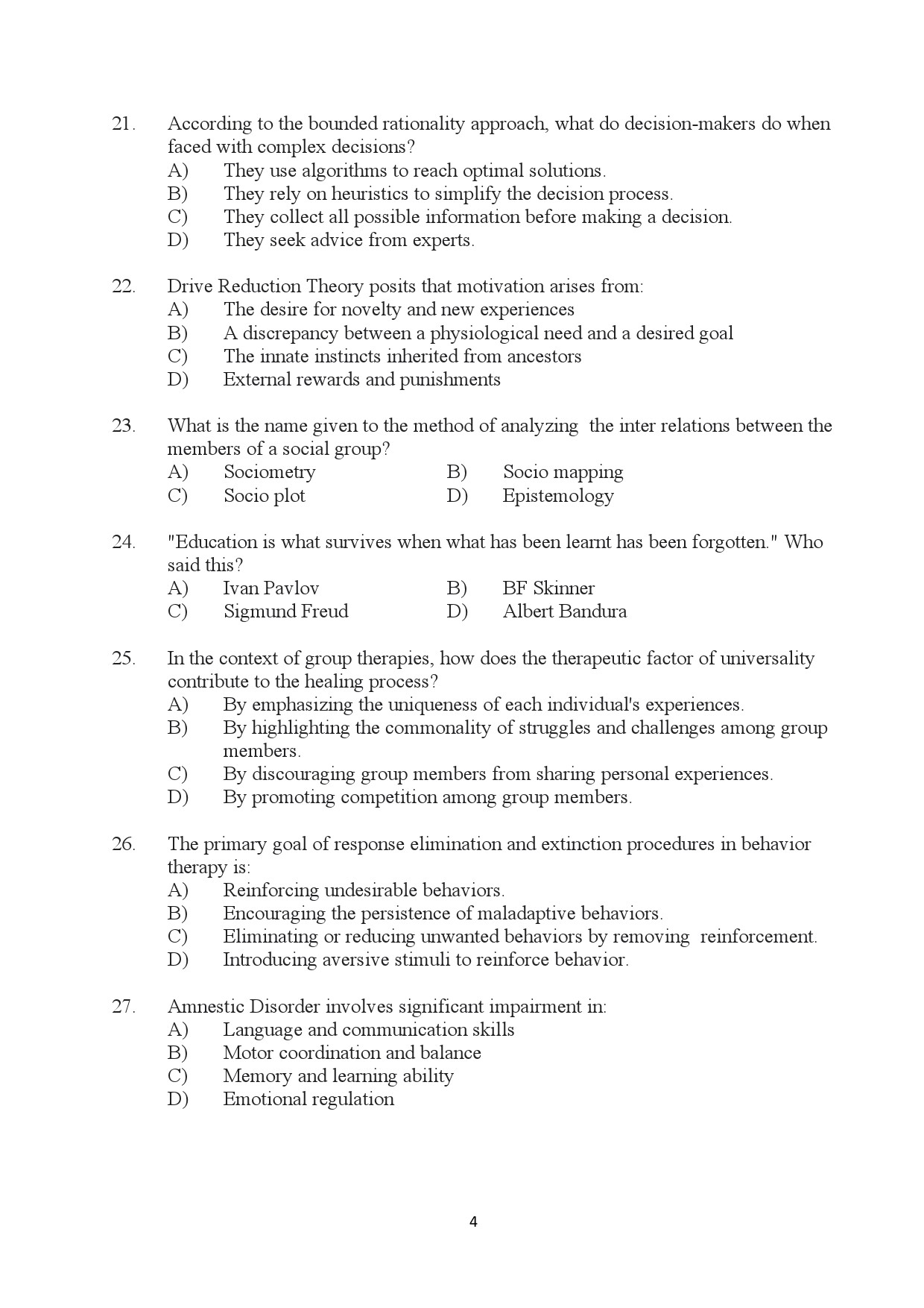 Kerala SET Psychology Exam Question Paper January 2024 4