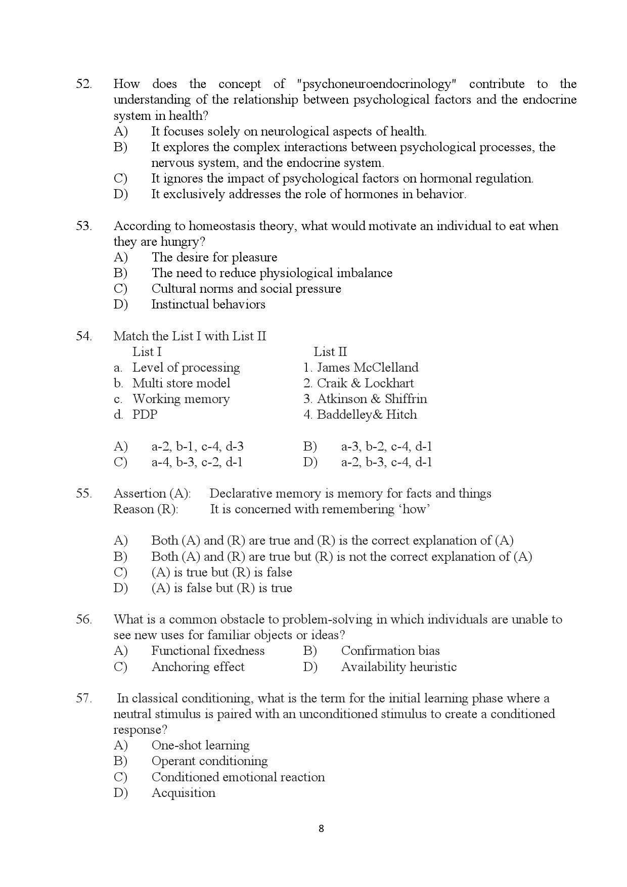 Kerala SET Psychology Exam Question Paper January 2024 8