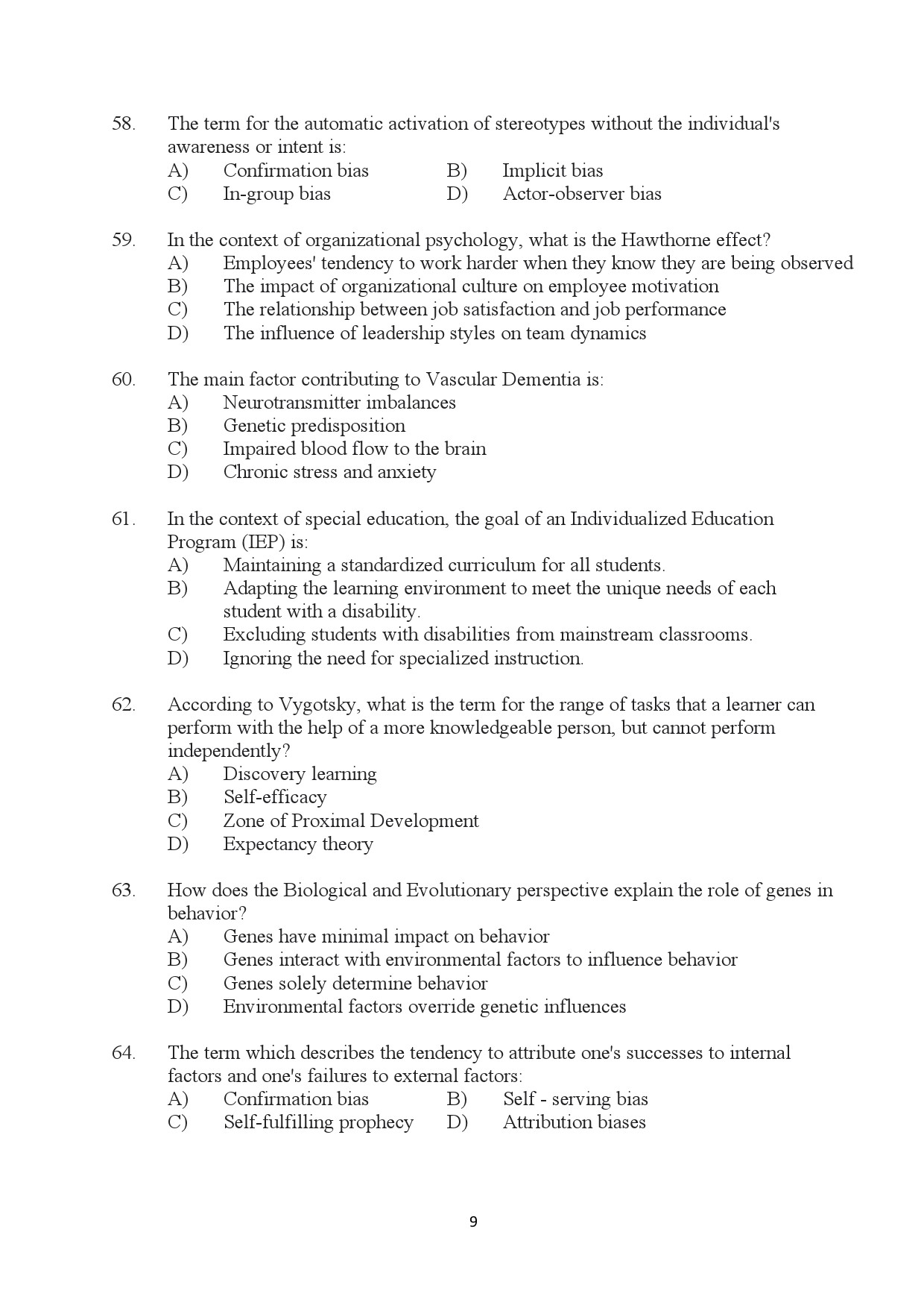 Kerala SET Psychology Exam Question Paper January 2024 9