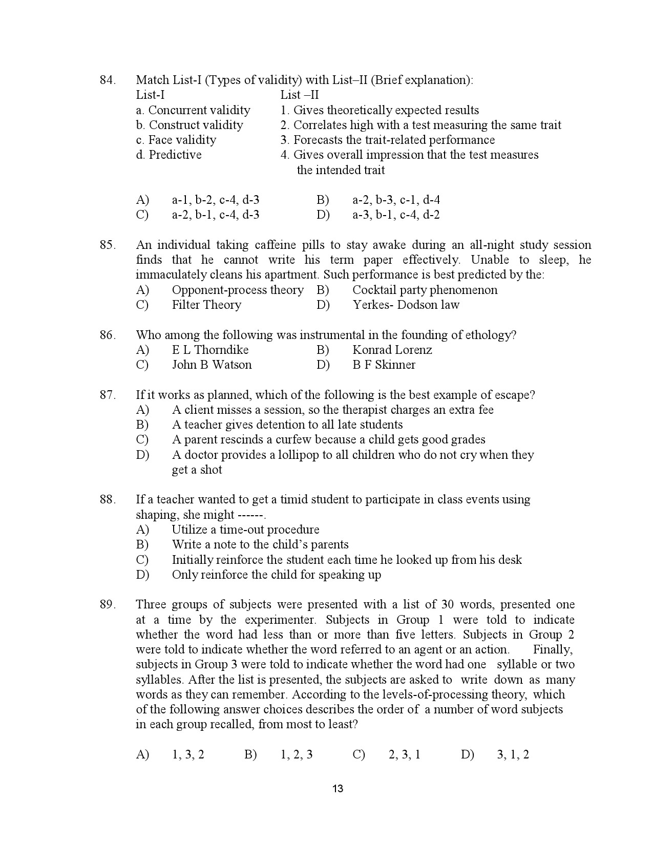 Kerala SET Psychology Exam Question Paper July 2023 13