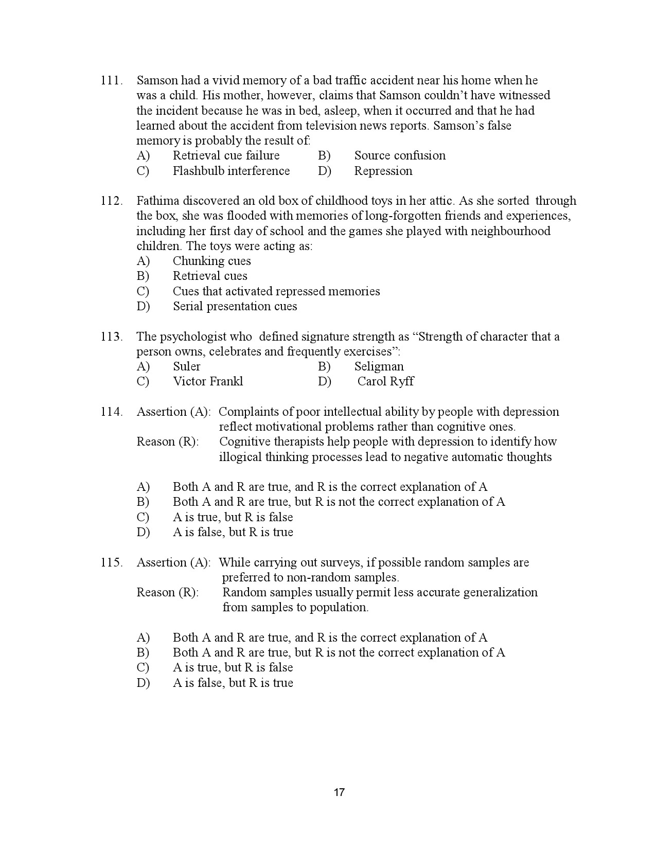 Kerala SET Psychology Exam Question Paper July 2023 17