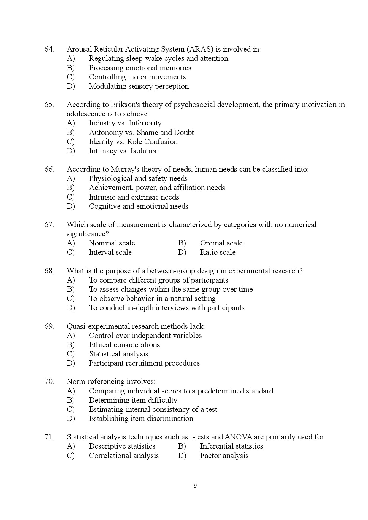 Kerala SET Psychology Exam Question Paper July 2024 9