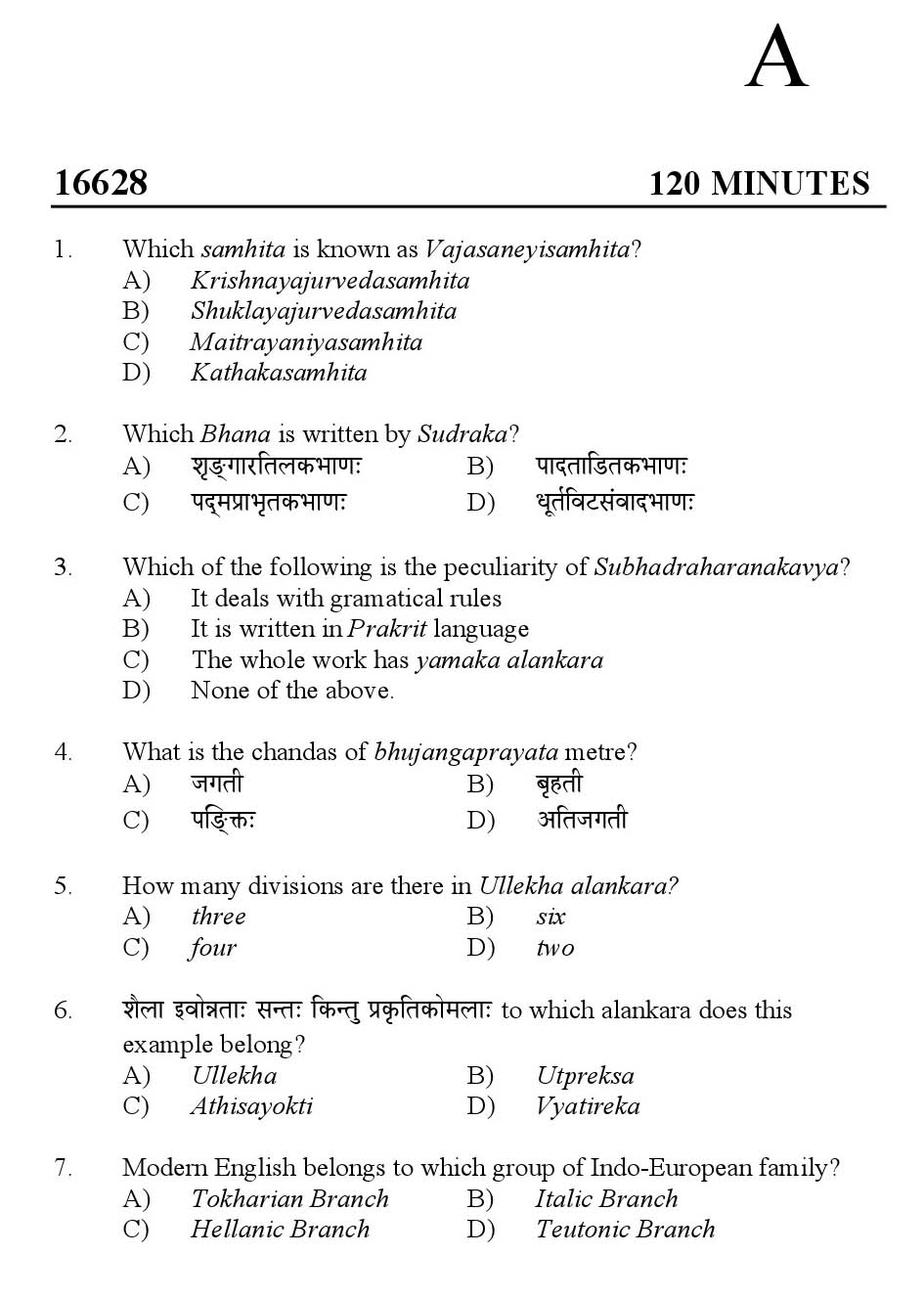 Kerala SET Sanskrit Exam 2016 Question Code 16628 A 1