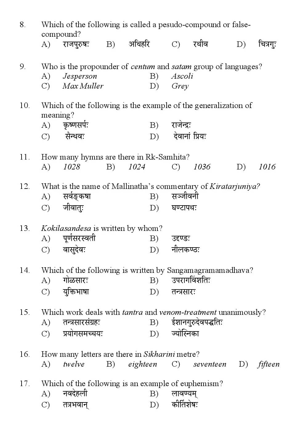Kerala SET Sanskrit Exam 2016 Question Code 16628 A 2