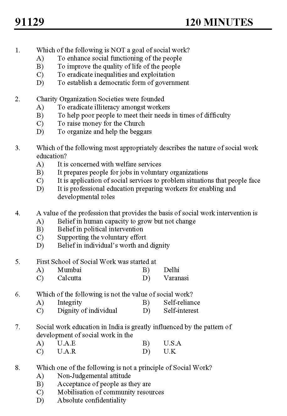 Kerala SET Social Work Exam 2011 Question Code 91129 1