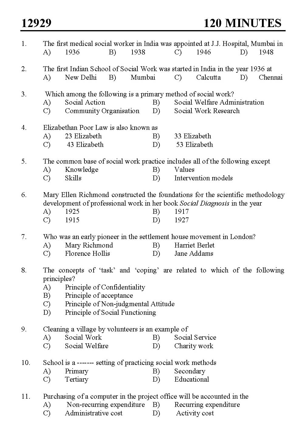 Kerala SET Social Work Exam 2012 Question Code 12929 1