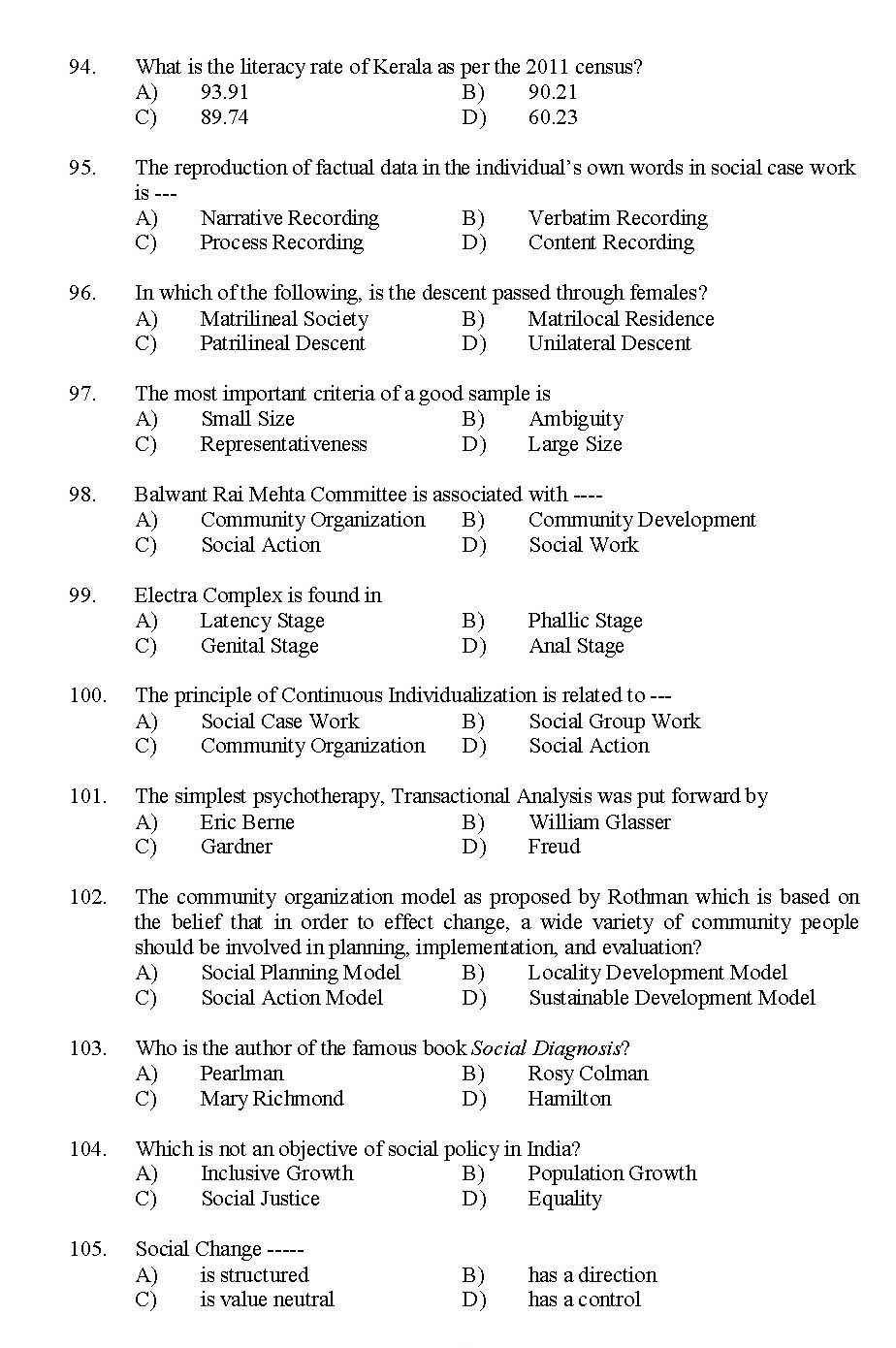 Kerala SET Social Work Exam 2015 Question Code 15629 11