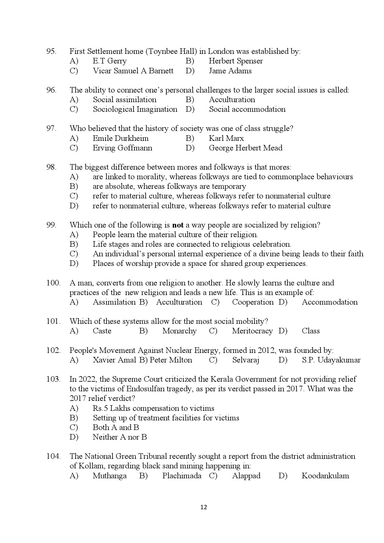 Kerala SET Social Work Exam Question Paper July 2024 12