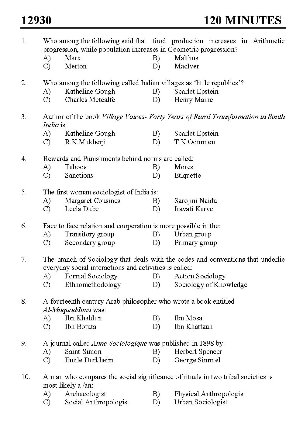 Kerala SET Sociology Exam 2012 Question Code 12930 1