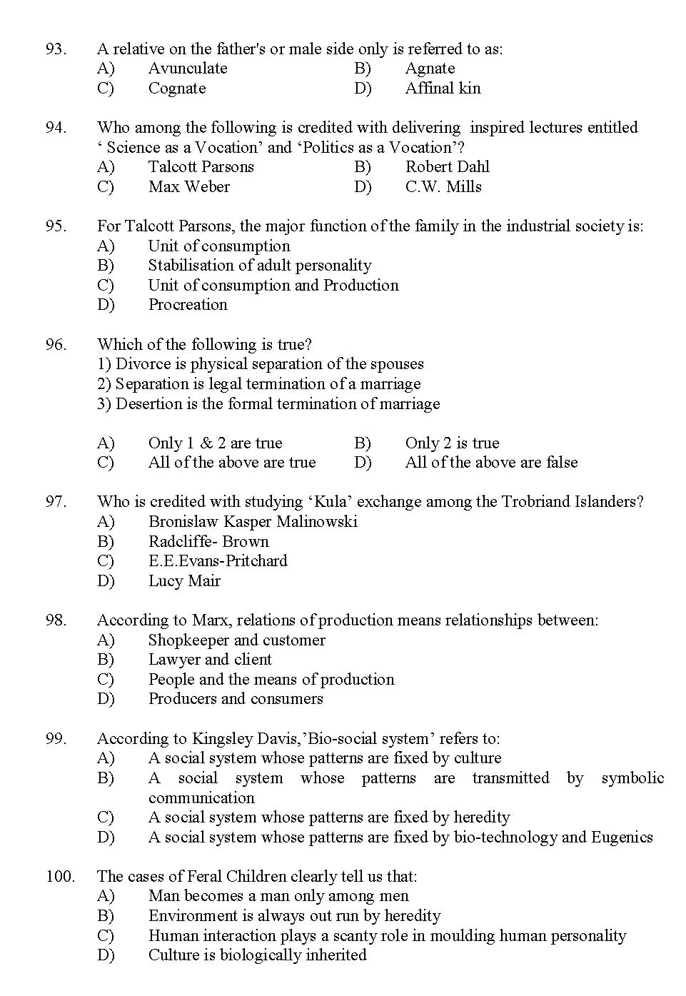 Kerala SET Sociology Exam 2012 Question Code 12930 11