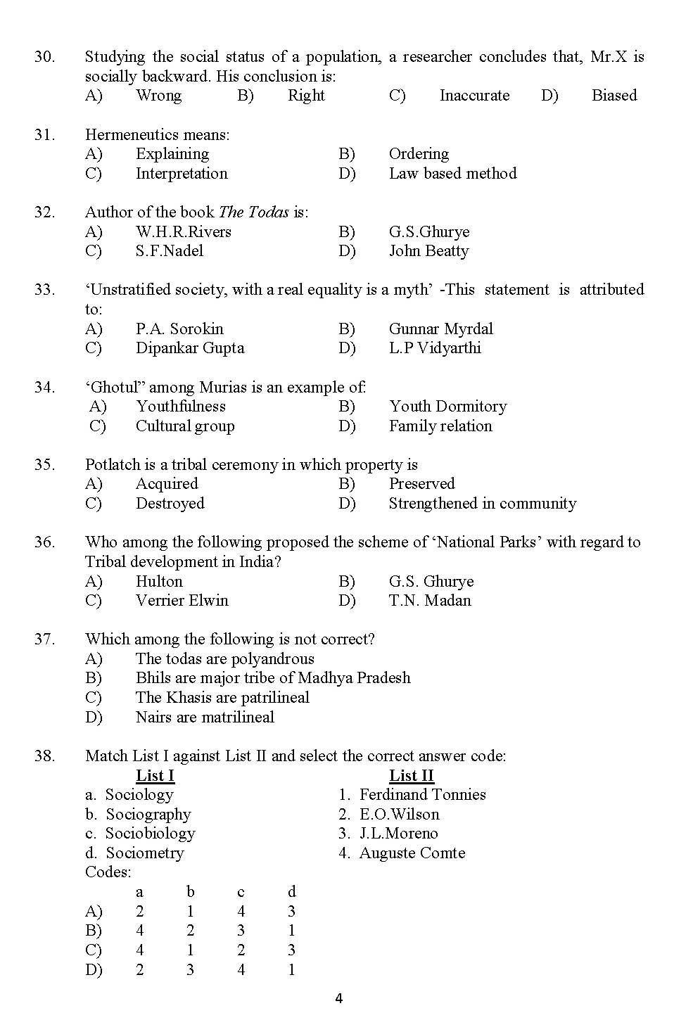 Kerala SET Sociology Exam 2012 Question Code 12930 4