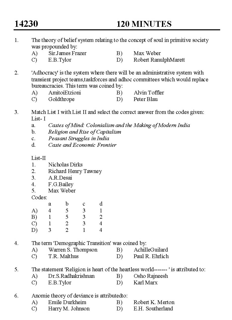 Kerala SET Sociology Exam 2014 Question Code 14230 1