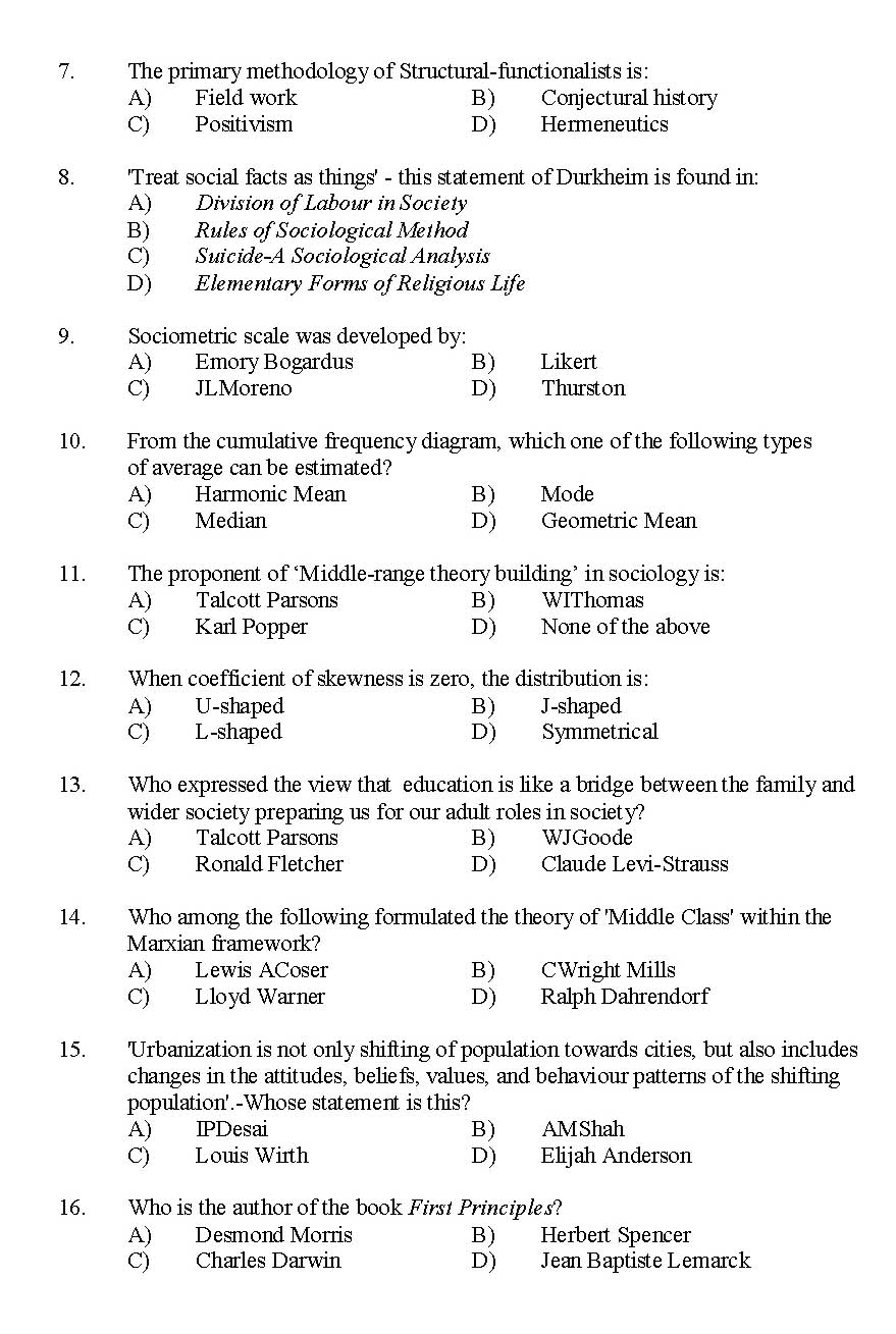 Kerala SET Sociology Exam 2014 Question Code 14230 2