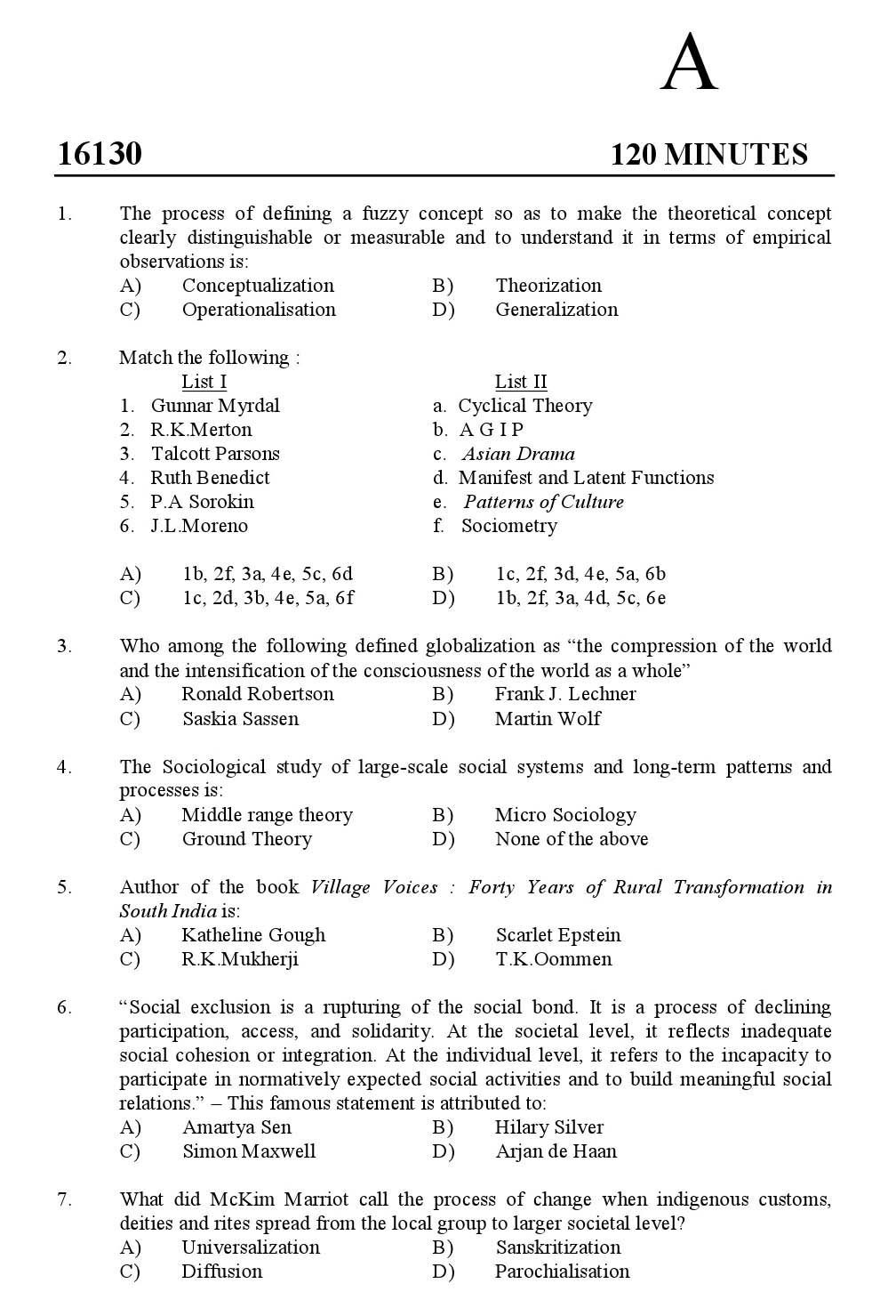 Kerala SET Sociology Exam 2016 Question Code 16130 A 1