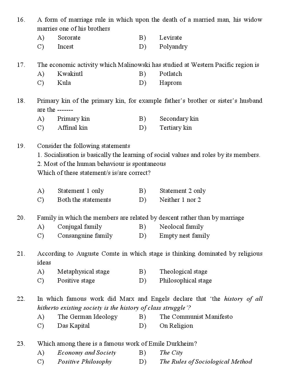 Kerala SET Sociology Exam 2016 Question Code 16630 A 3