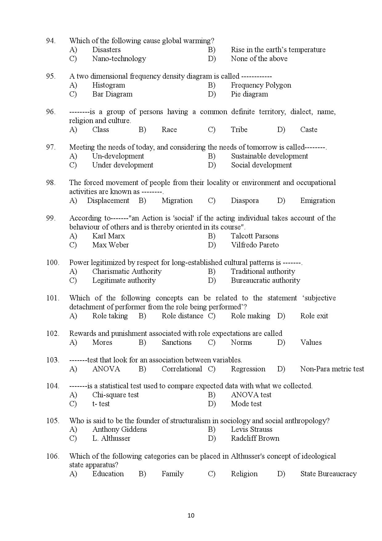 Kerala SET Sociology Exam Question Paper February 2019 10
