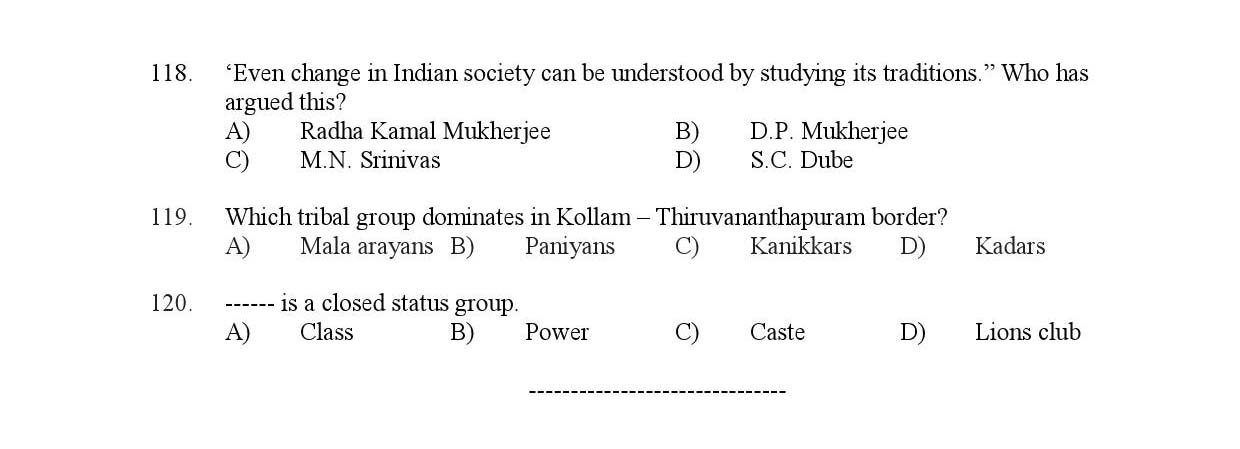 Kerala SET Sociology Exam Question Paper February 2019 12