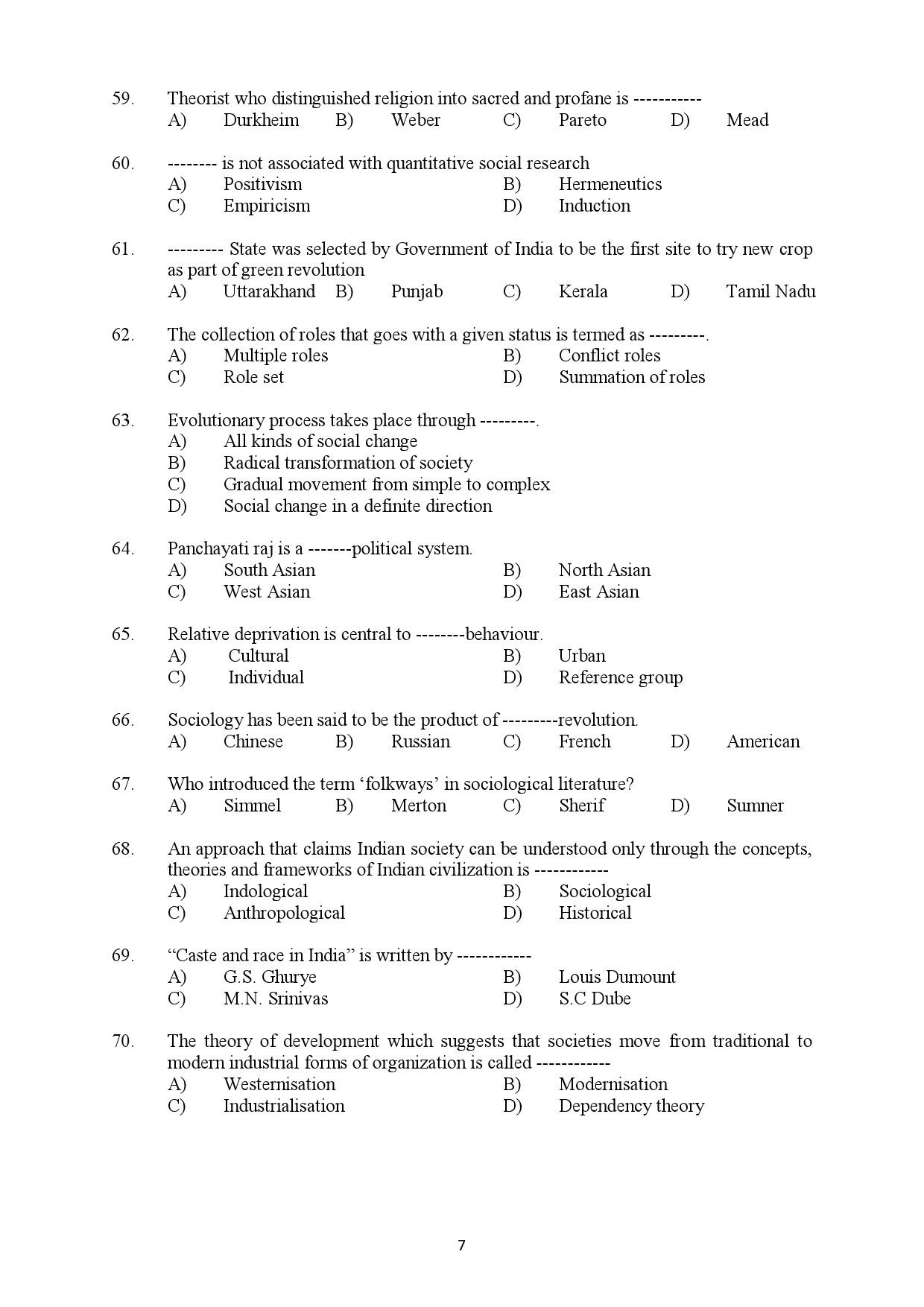 Kerala SET Sociology Exam Question Paper February 2019 7