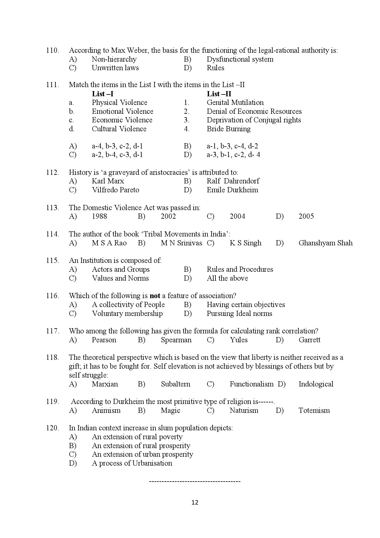 Kerala SET Sociology Exam Question Paper February 2020 12