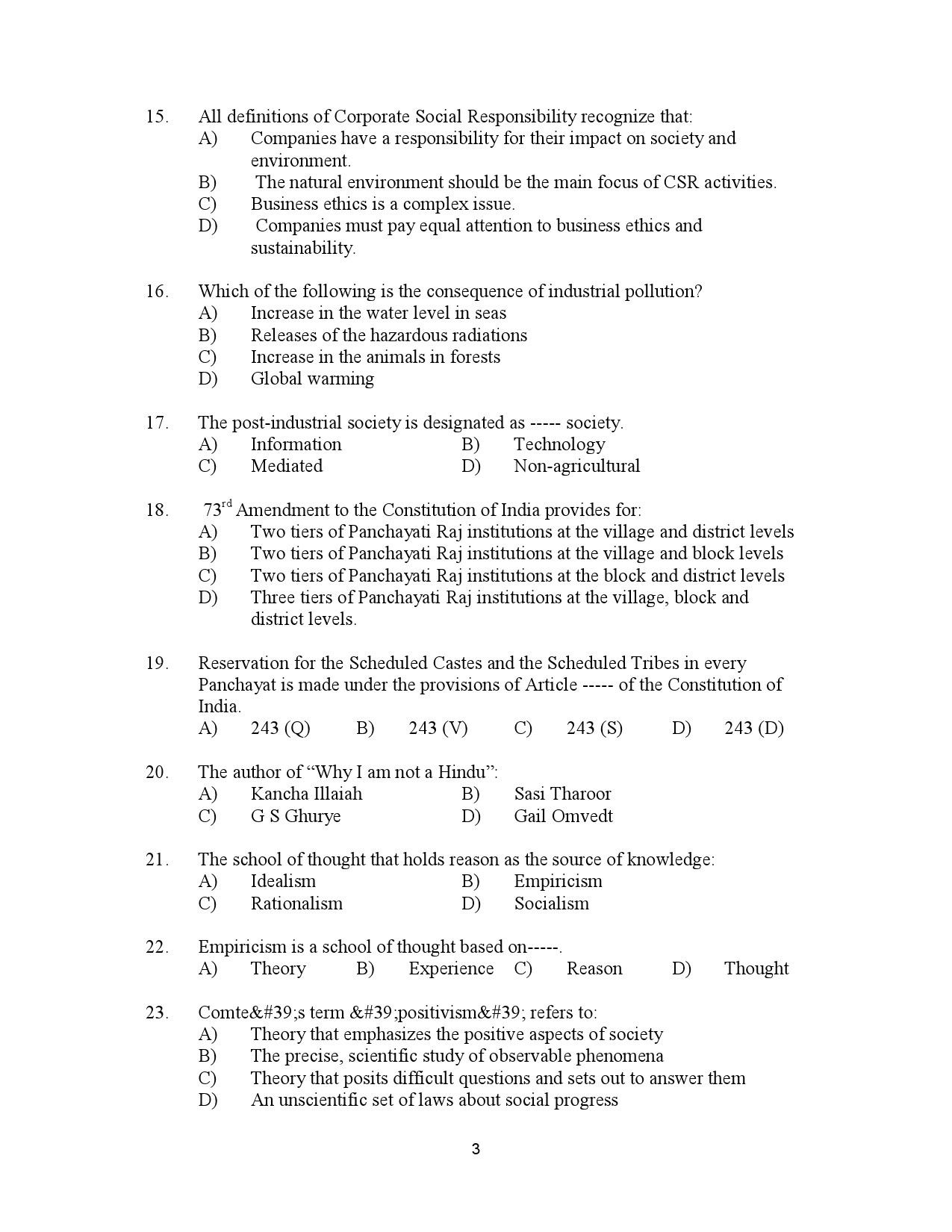 Kerala SET Sociology Exam Question Paper January 2023 3