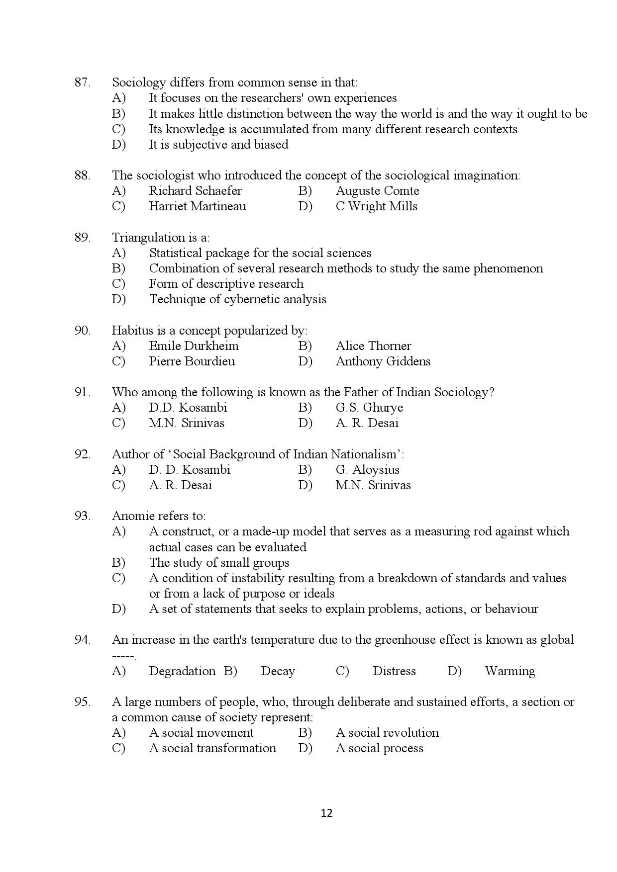 Kerala SET Sociology Exam Question Paper January 2024 12