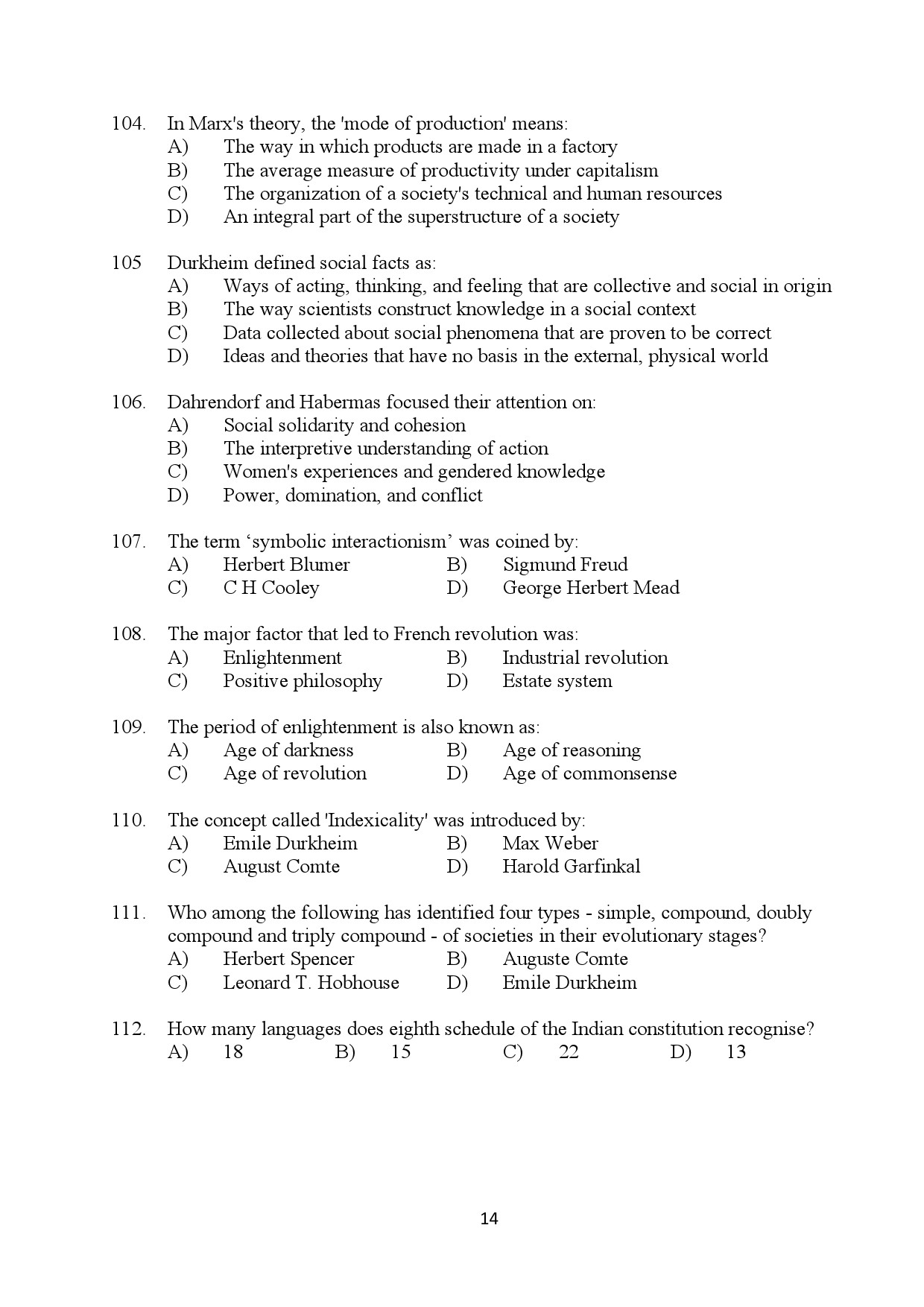 Kerala SET Sociology Exam Question Paper January 2024 14