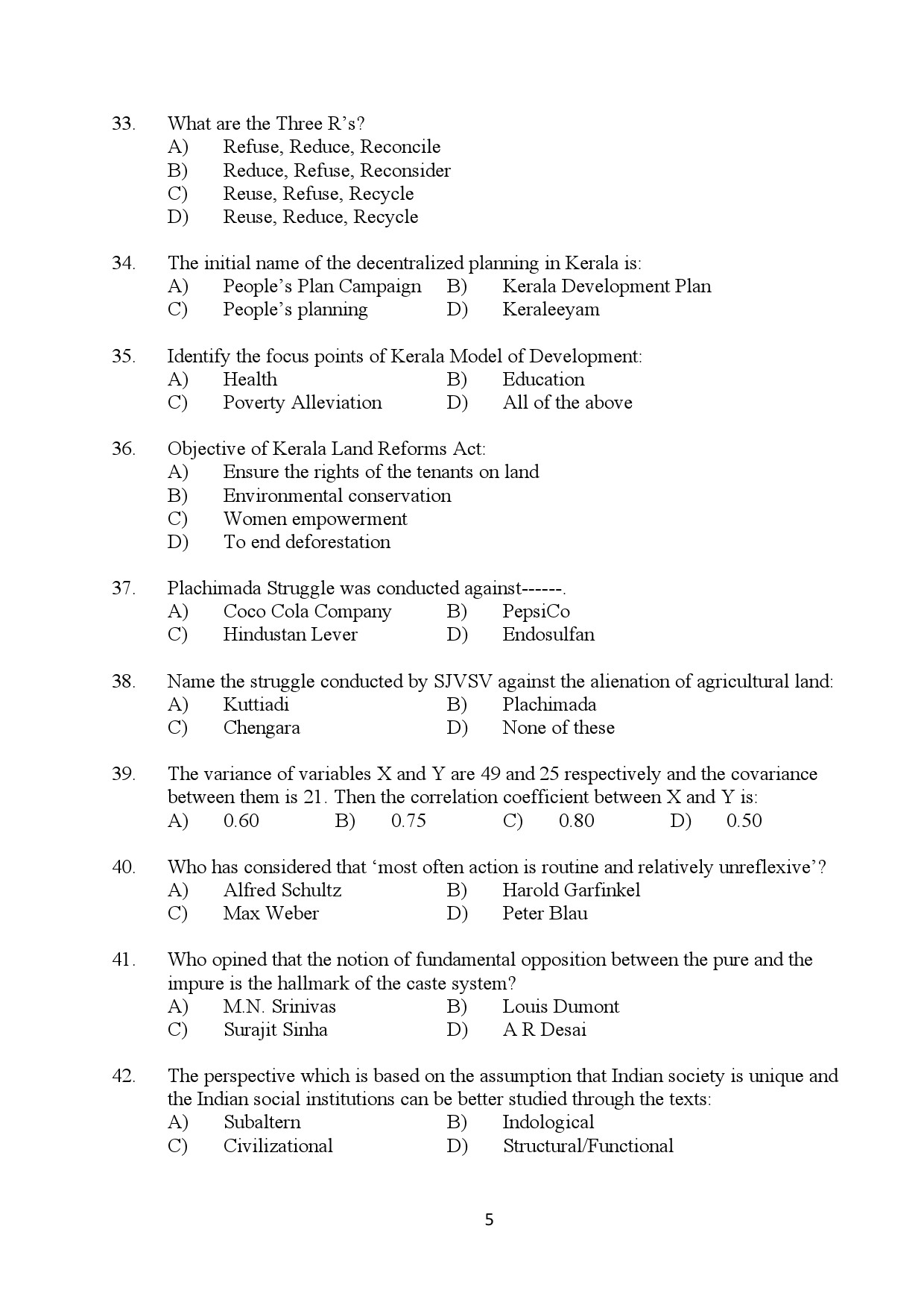 Kerala SET Sociology Exam Question Paper January 2024 5