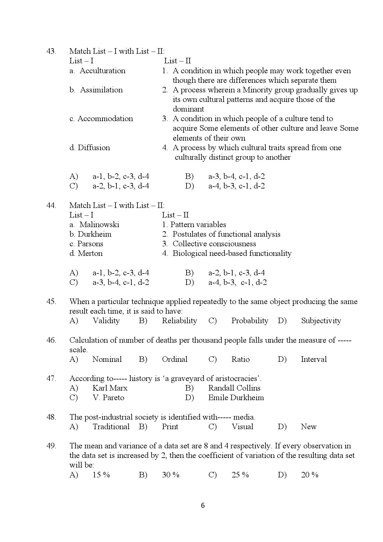 Kerala SET Sociology Exam Question Paper January 2024 6