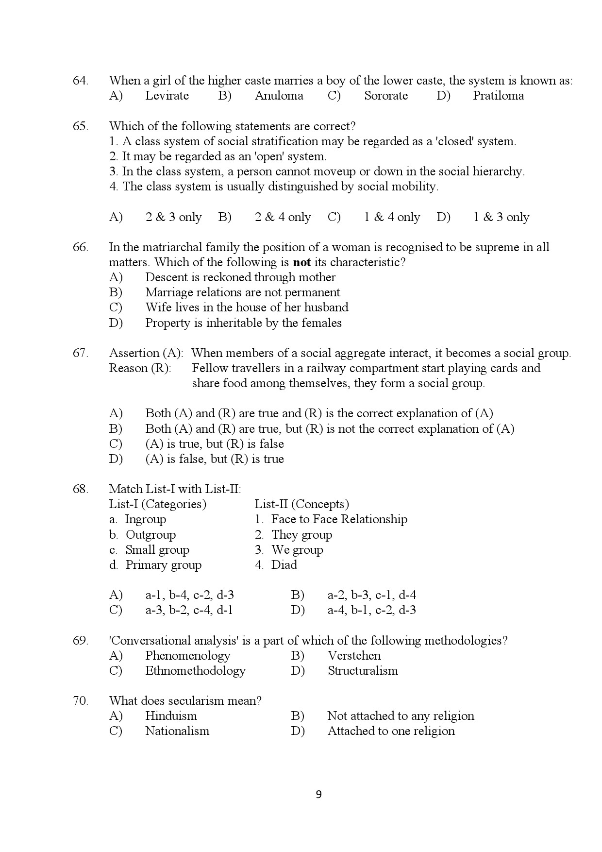 Kerala SET Sociology Exam Question Paper January 2024 9